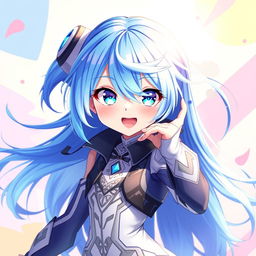 A stunning digital artwork featuring a blue-haired anime girl with vibrant, flowing hair