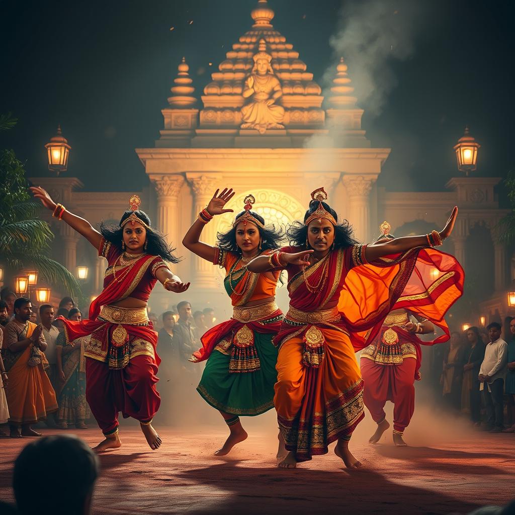 An epic and powerful scene depicting a traditional Indian dance performance called Tandav, characterized by energetic, bold movements