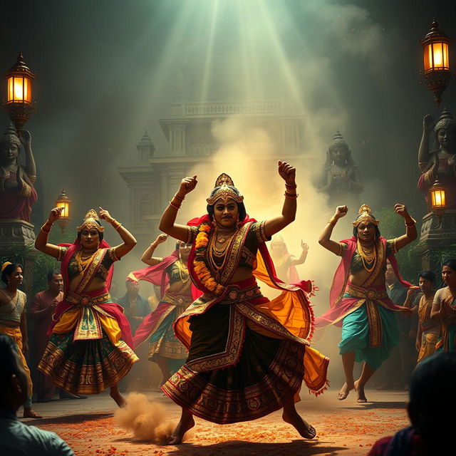 An epic and powerful scene depicting a traditional Indian dance performance called Tandav, characterized by energetic, bold movements