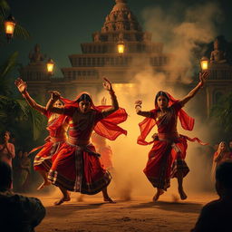 An epic and powerful scene depicting a traditional Indian dance performance called Tandav, characterized by energetic, bold movements