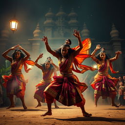 An epic and powerful scene depicting a traditional Indian dance performance called Tandav, characterized by energetic, bold movements