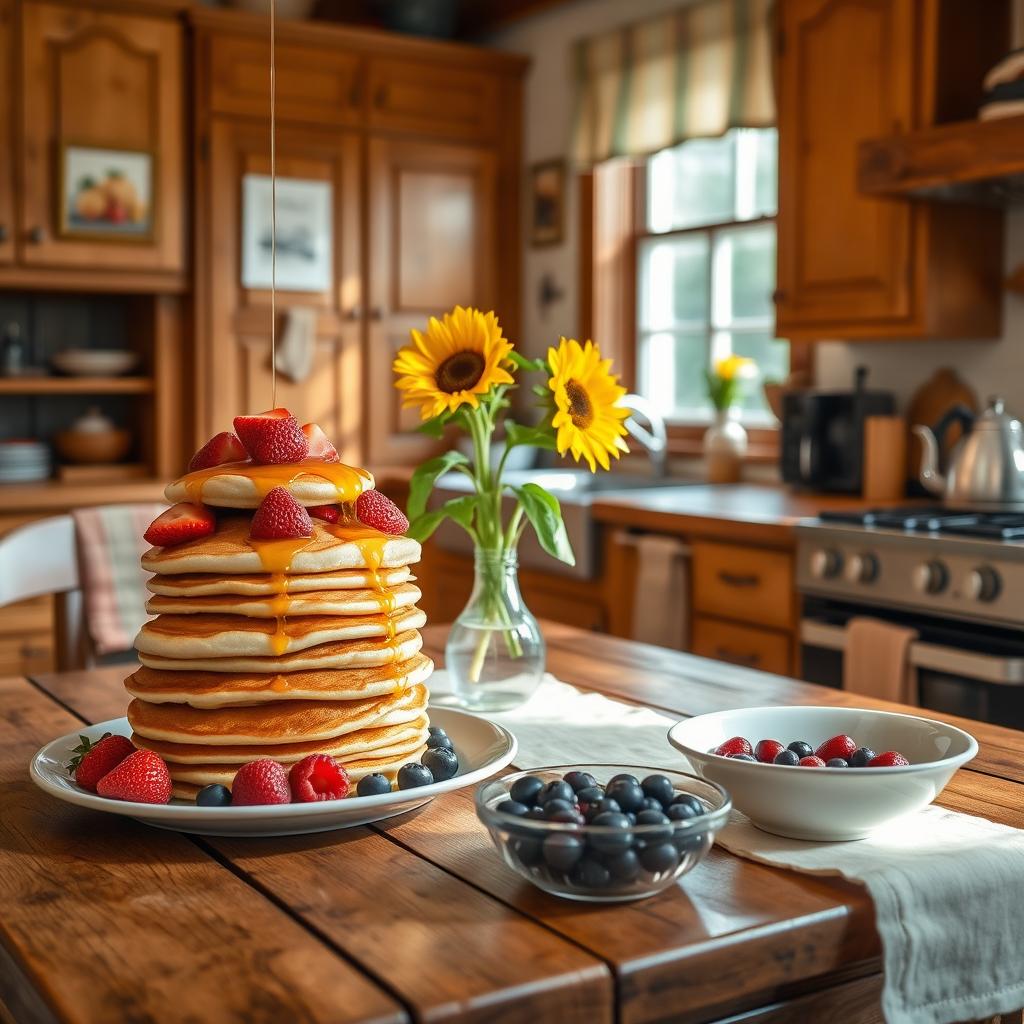 A cozy kitchen setting featuring warm wooden cabinets and a rustic table set for breakfast, with natural sunlight streaming through a window