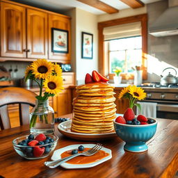 A cozy kitchen setting featuring warm wooden cabinets and a rustic table set for breakfast, with natural sunlight streaming through a window