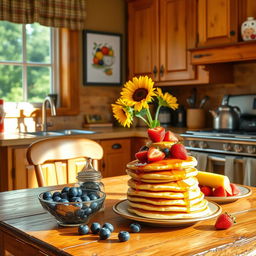 A cozy kitchen setting featuring warm wooden cabinets and a rustic table set for breakfast, with natural sunlight streaming through a window