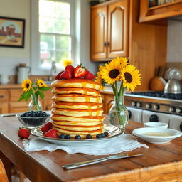 A cozy kitchen setting featuring warm wooden cabinets and a rustic table set for breakfast, with natural sunlight streaming through a window