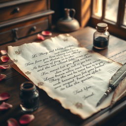 A vintage-style love letter, beautifully written in elegant cursive handwriting on aged parchment