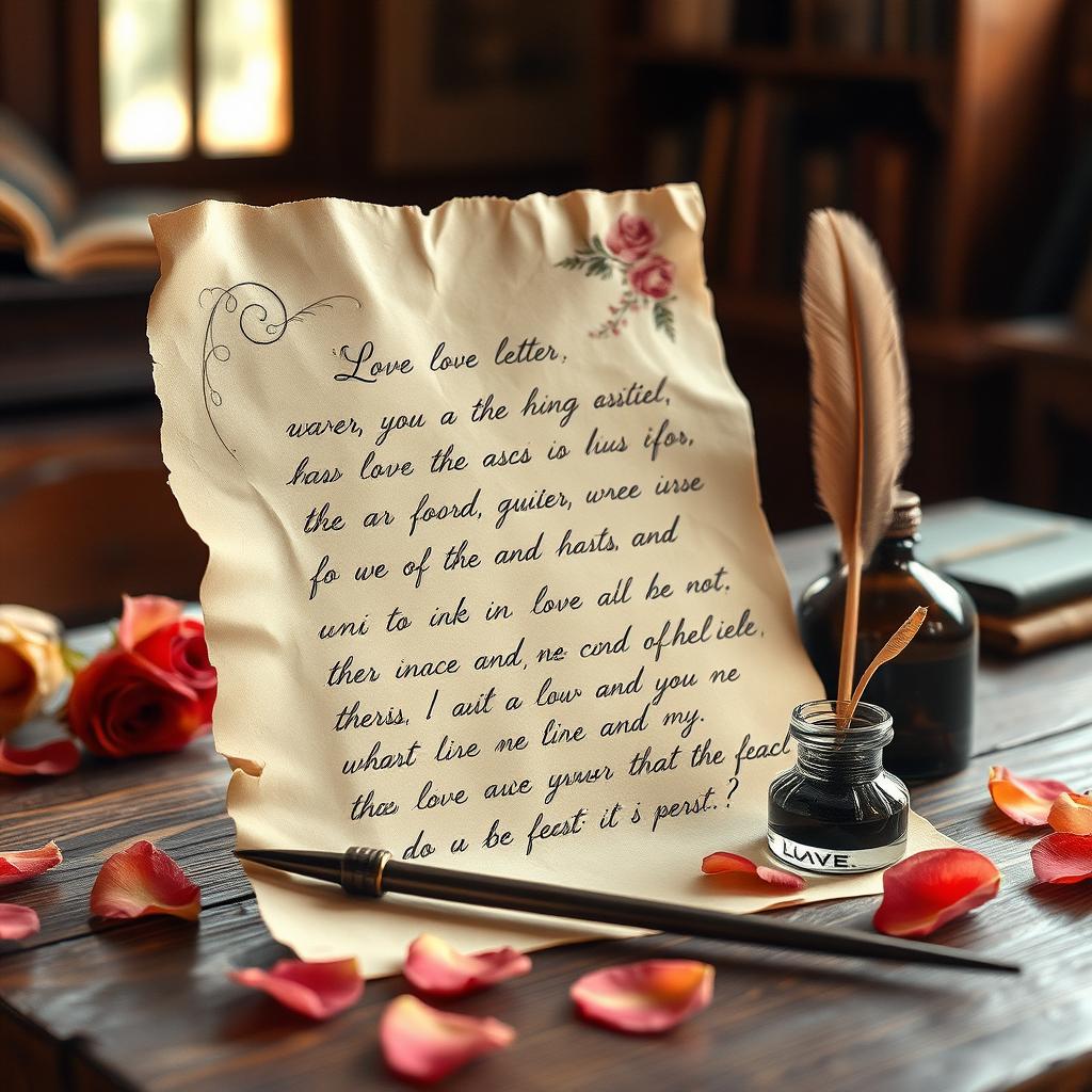 A vintage-style love letter, beautifully written in elegant cursive handwriting on aged parchment