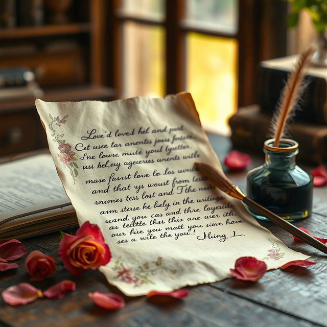 A vintage-style love letter, beautifully written in elegant cursive handwriting on aged parchment