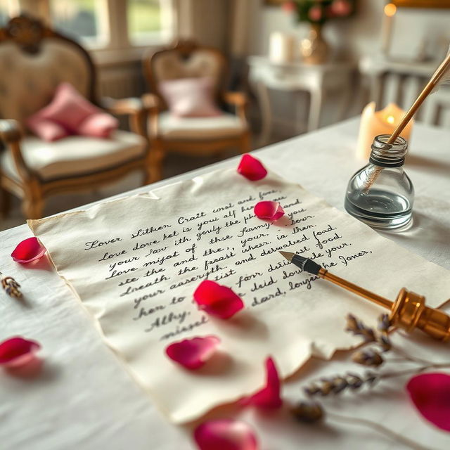 A beautifully crafted love letter, written in elegant cursive handwriting on fine, creamy paper