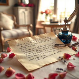 A beautifully crafted love letter, written in elegant cursive handwriting on fine, creamy paper