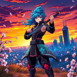 A vibrant anime-style character standing heroically in an epic landscape, featuring a futuristic city skyline in the background with neon lights