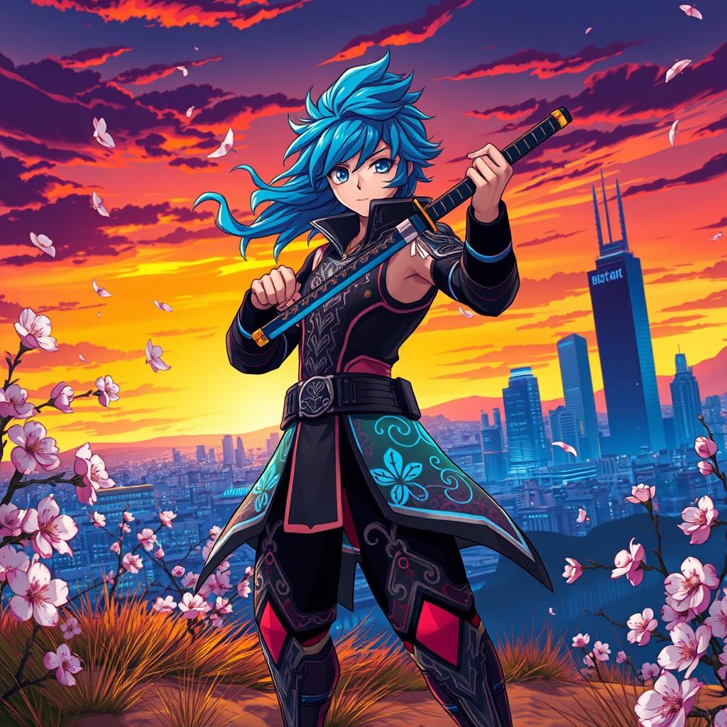 A vibrant anime-style character standing heroically in an epic landscape, featuring a futuristic city skyline in the background with neon lights
