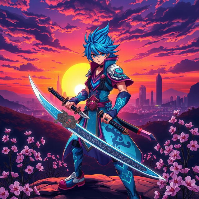 A vibrant anime-style character standing heroically in an epic landscape, featuring a futuristic city skyline in the background with neon lights