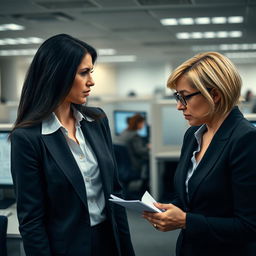 A tense office scene depicting emotional manipulation between two women