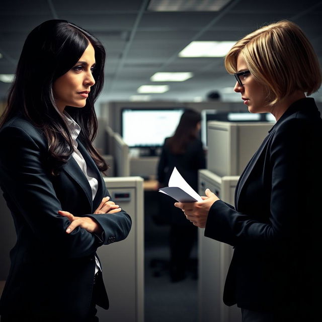 A tense office scene depicting emotional manipulation between two women