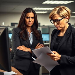 A tense office scene depicting emotional manipulation between two women