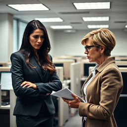 A tense office scene depicting emotional manipulation between two women