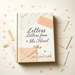 A heartfelt book cover design for a compilation of letters from loved ones, featuring a collage of handwritten letters and envelopes in soft pastel colors