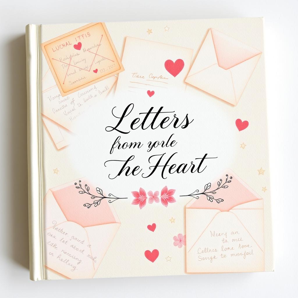 A heartfelt book cover design for a compilation of letters from loved ones, featuring a collage of handwritten letters and envelopes in soft pastel colors