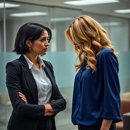 A tense office scene featuring two women engaged in emotional manipulation, standing close to each other with intense expressions