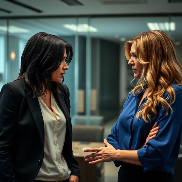 A tense office scene featuring two women engaged in emotional manipulation, standing close to each other with intense expressions