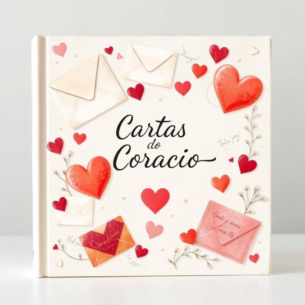 Uma capa de livro emocional para uma compilação de cartas de entes queridos, apresentando uma colagem de cartas escritas à mão e envelopes em cores pastéis suaves