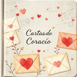 Uma capa de livro emocional para uma compilação de cartas de entes queridos, apresentando uma colagem de cartas escritas à mão e envelopes em cores pastéis suaves