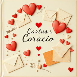 Uma capa de livro emocional para uma compilação de cartas de entes queridos, apresentando uma colagem de cartas escritas à mão e envelopes em cores pastéis suaves