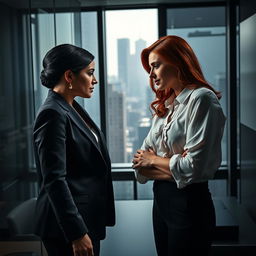 A dramatic office setting where two women are engaged in emotional manipulation
