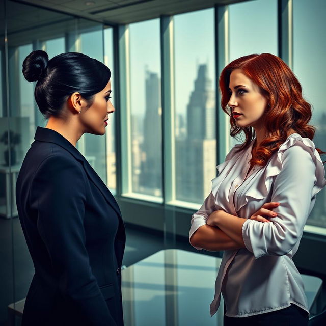 A dramatic office setting where two women are engaged in emotional manipulation