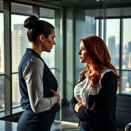 A dramatic office setting where two women are engaged in emotional manipulation