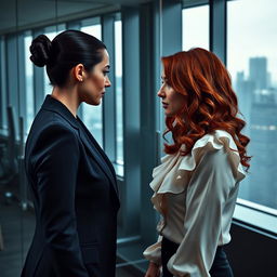 A dramatic office setting where two women are engaged in emotional manipulation