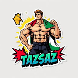 A vibrant mobile sticker design featuring a muscular bodybuilder with a big Palestinian flag draped over his shoulders