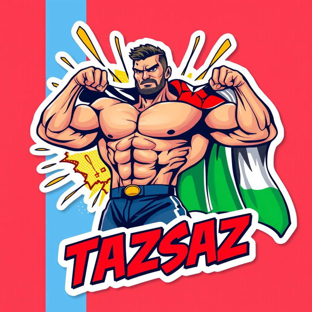 A vibrant mobile sticker design featuring a muscular bodybuilder with a big Palestinian flag draped over his shoulders