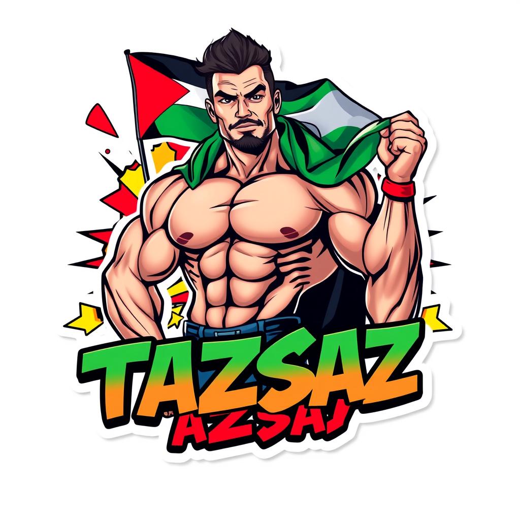 A vibrant mobile sticker design featuring a muscular bodybuilder with a big Palestinian flag draped over his shoulders