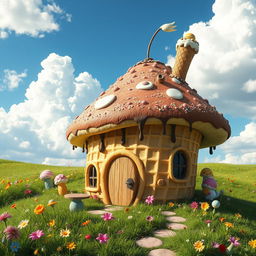 A whimsical house made entirely from a giant mushroom, with vibrant colors and intricate details