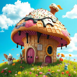 A whimsical house made entirely from a giant mushroom, with vibrant colors and intricate details