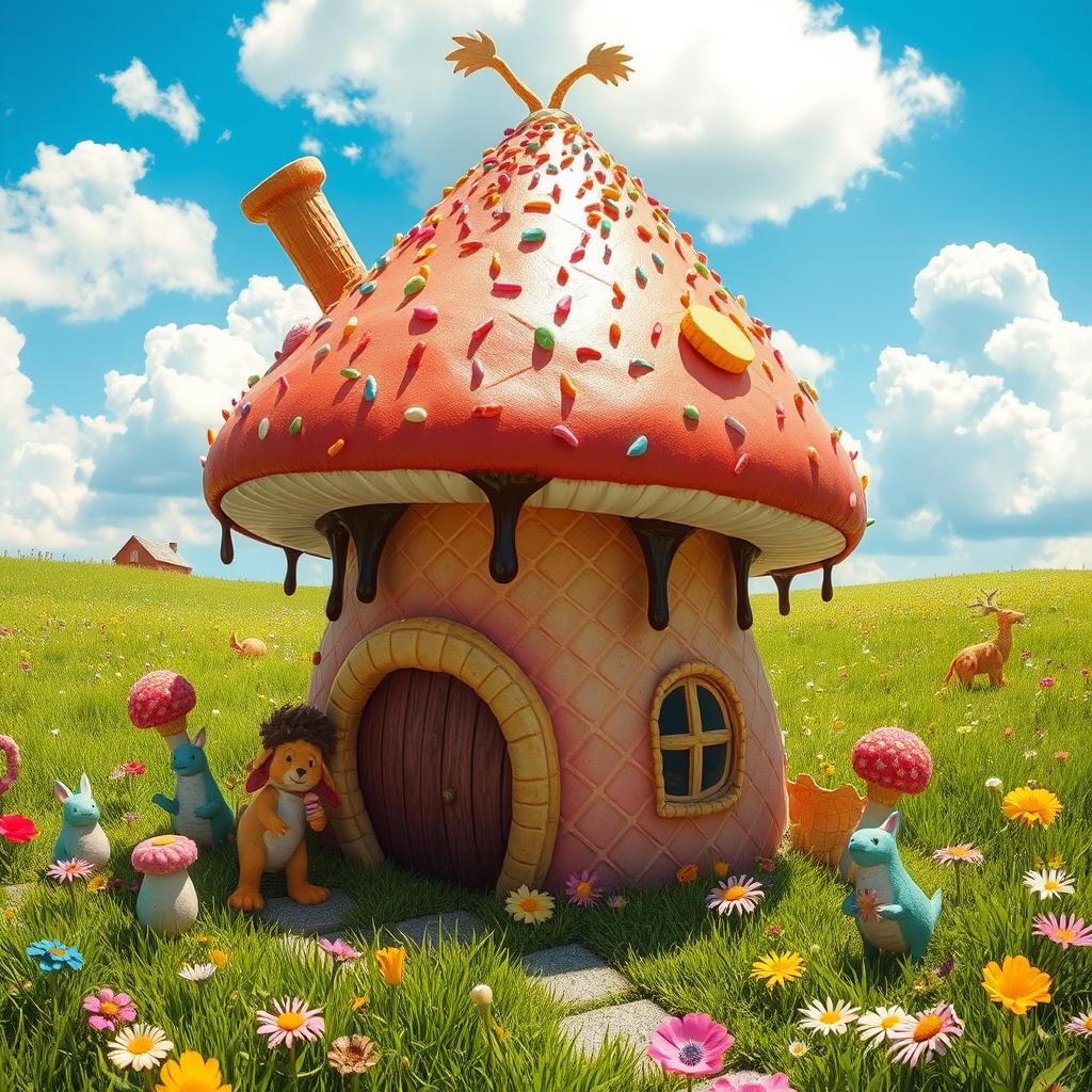 A whimsical house made entirely from a giant mushroom, with vibrant colors and intricate details