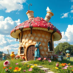 A whimsical house made entirely from a giant mushroom, with vibrant colors and intricate details
