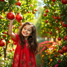 A beautiful little girl with long curly brown hair, wearing a bright red dress adorned with floral patterns, playing joyfully in an enchanting pomegranate garden