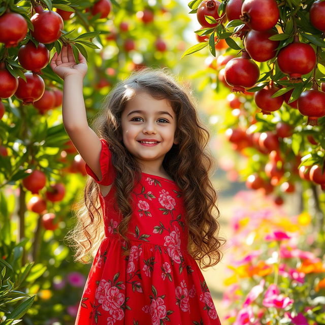 A beautiful little girl with long curly brown hair, wearing a bright red dress adorned with floral patterns, playing joyfully in an enchanting pomegranate garden