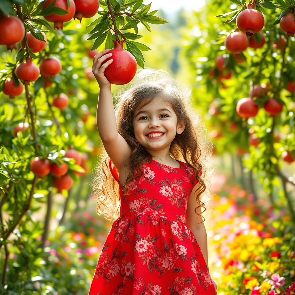 A beautiful little girl with long curly brown hair, wearing a bright red dress adorned with floral patterns, playing joyfully in an enchanting pomegranate garden