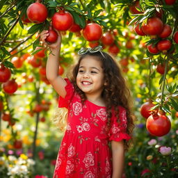 A beautiful little girl with long curly brown hair, wearing a bright red dress adorned with floral patterns, playing joyfully in an enchanting pomegranate garden
