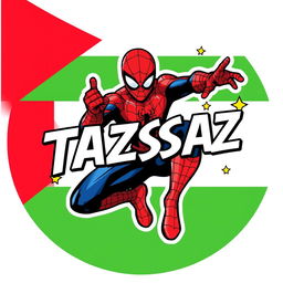 A vibrant and dynamic mobile sticker design featuring a large, striking Palestine flag as the background, with a bold, stylized depiction of Spiderman in an action pose overlaying it