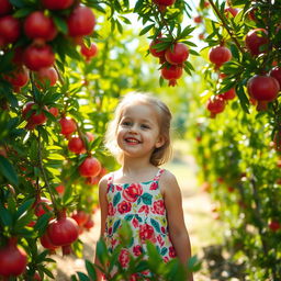 A beautiful young girl enjoying her time in a lush pomegranate garden