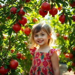 A beautiful young girl enjoying her time in a lush pomegranate garden