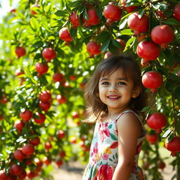 A beautiful young girl enjoying her time in a lush pomegranate garden
