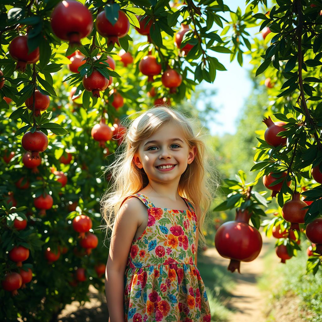 A beautiful young girl enjoying her time in a lush pomegranate garden