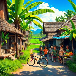 A vibrant street scene depicting a traditional Indonesian village, lush green rice fields in the background, locals wearing colorful Batik clothing, engaging in everyday activities such as farming and chatting, with a clear blue sky overhead