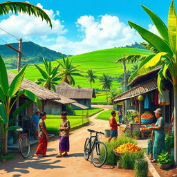 A vibrant street scene depicting a traditional Indonesian village, lush green rice fields in the background, locals wearing colorful Batik clothing, engaging in everyday activities such as farming and chatting, with a clear blue sky overhead